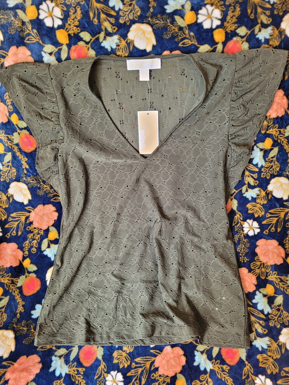 Michael Kors Olive Eyelet V-Neck Short Sleeve Top